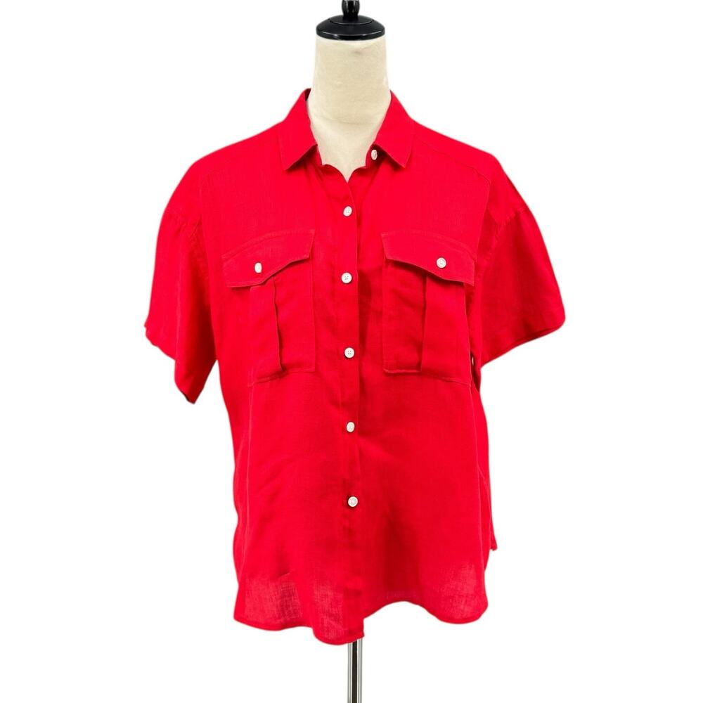 Alex Mill Bright Solid Red 100% Linen Short Sleeve Button Up Utility Camp Shirt